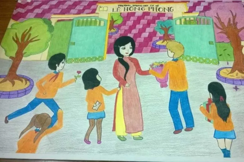 Mẫu tranh vẽ 20/11: Cô giáo và nhóm học sinh