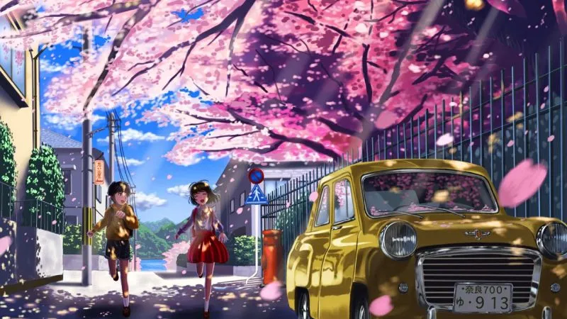 Cánh hoa đào lãng mạn trong tranh anime