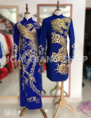 Áo dài cặp màu xanh đậm rồng phụng