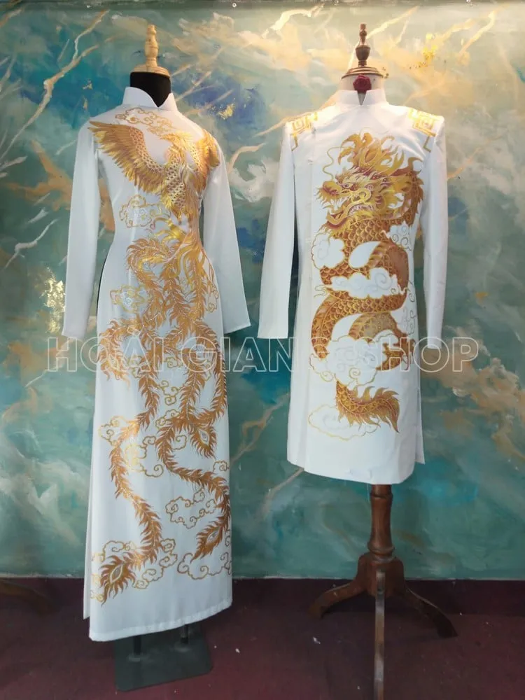Áo dài cưới cặp đôi màu trắng thêu rồng phượng hiện đại