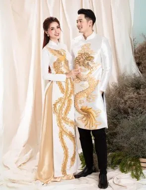 Áo dài cưới trắng rồng phụng cho cô dâu chú rể