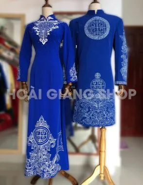 Áo dài cô dâu chú rể xanh dương họa tiết trắng