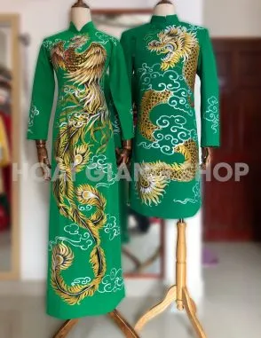 Áo dài cặp đôi màu xanh lá rồng phụng sang trọng