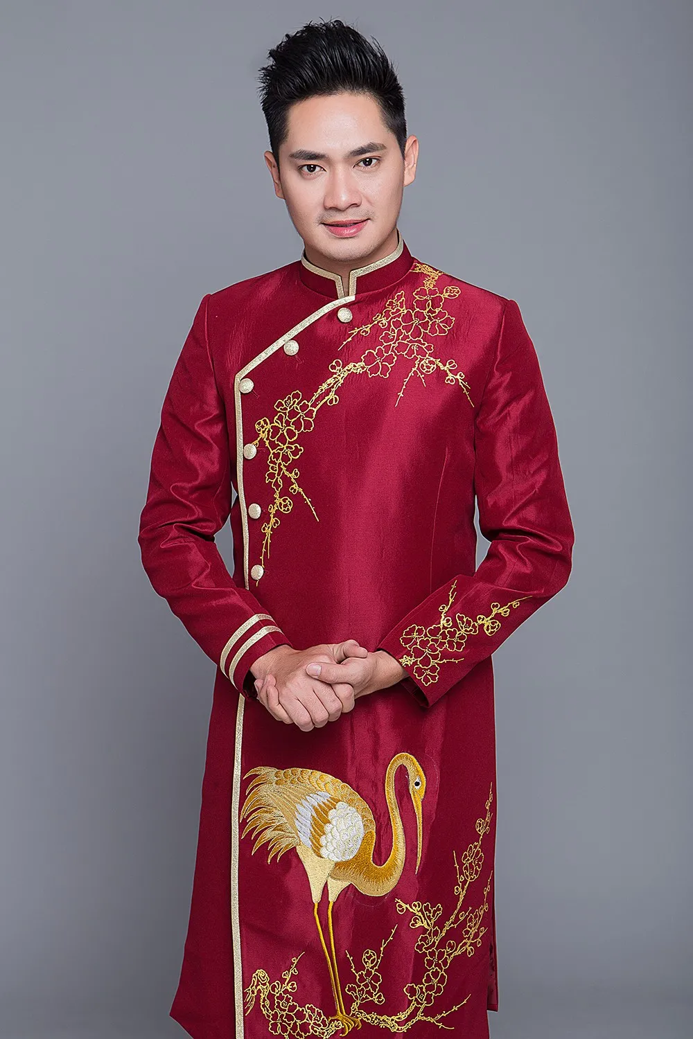 Áo dài cách tân nam màu đỏ họa tiết thêu cao cấp