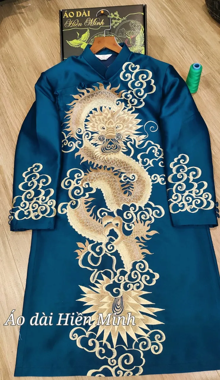 Áo dài nam màu xanh họa tiết rồng thêu cao cấp