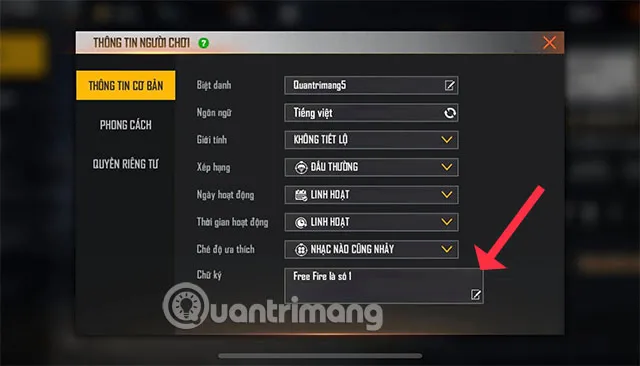 Chọn mục Chữ ký trong giao diện chỉnh sửa hồ sơ Free Fire