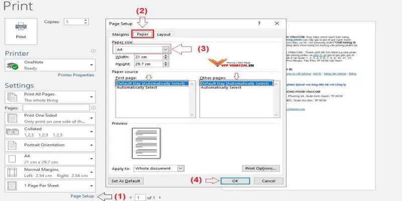 Cài đặt khổ giấy A4 trong menu Size của Microsoft Word