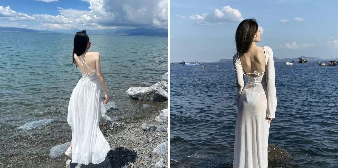 tạo dáng chụp ảnh sexy ở biển từ phía sau