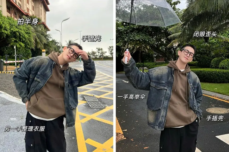 Chàng trai tạo dáng thư giãn thoải mái nhìn vào ống kính với phụ kiện ô