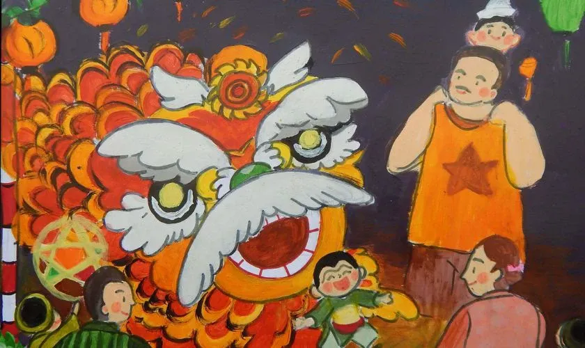 Bức vẽ cảnh cả gia đình vui hội trăng rằm
