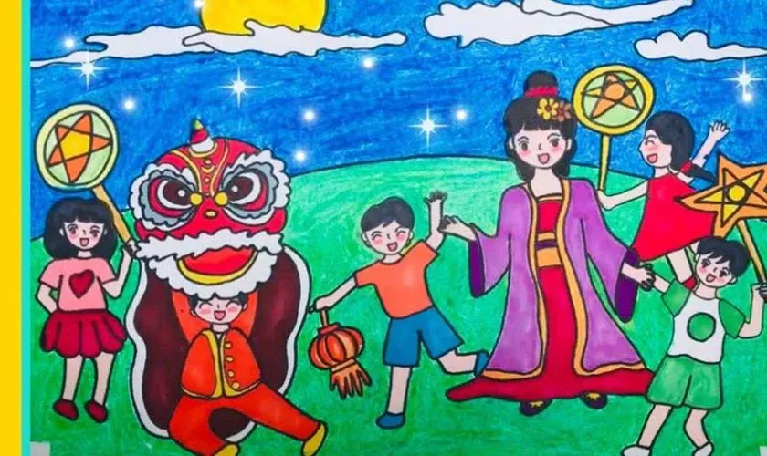 Tranh vẽ Chị Hằng vui chơi cùng các em nhỏ