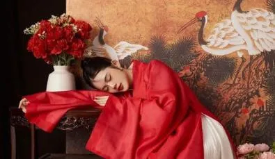 Tạo dáng ngồi gục đầu nhẹ nhàng trên bàn với áo dài