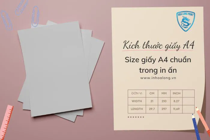 Bảng quy đổi kích thước tờ A4 theo các đơn vị cm, mm, và inch