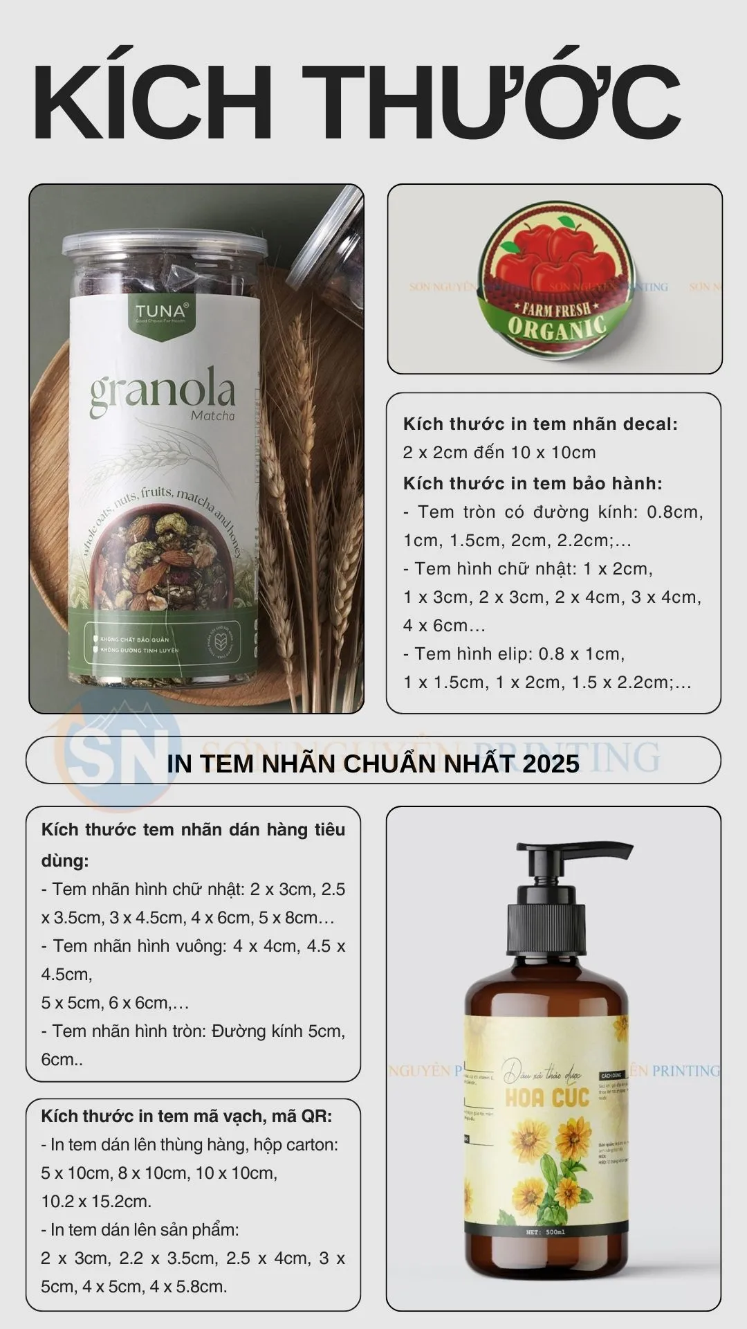 Các kích thước tem bảo hành phổ biến hình tròn, elip, chữ nhật