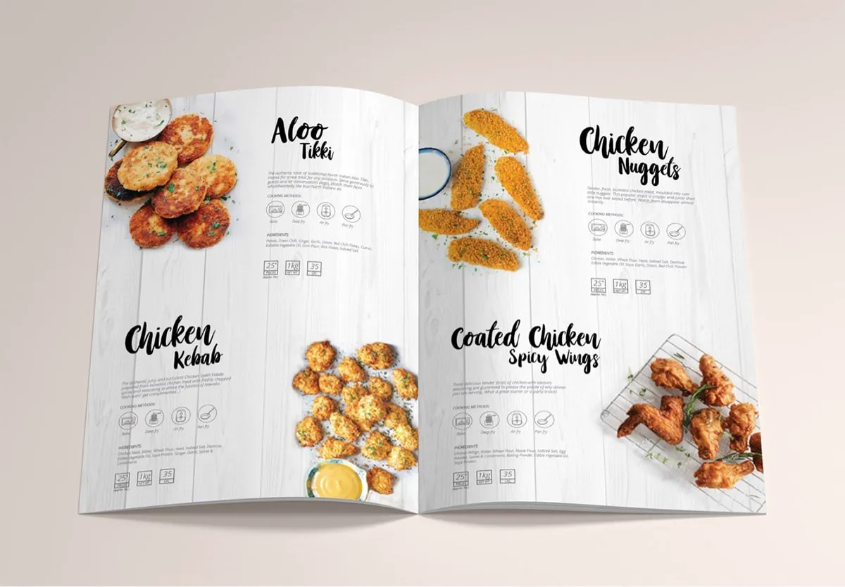 Menu/catalogue đồ ăn hấp dẫn với ảnh món ăn chất lượng cao