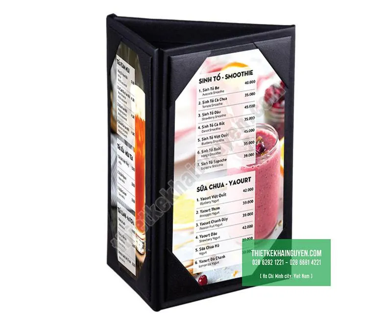Làm menu để bàn hình tam giác bằng da cho quán cafe