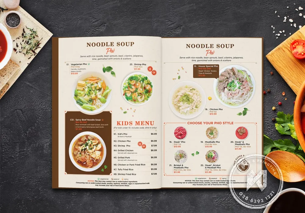 Thiết kế menu Phở chuyên nghiệp bìa cứng