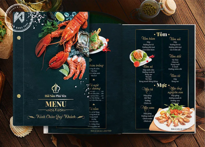Menu bìa cứng cho nhà hàng hải sản