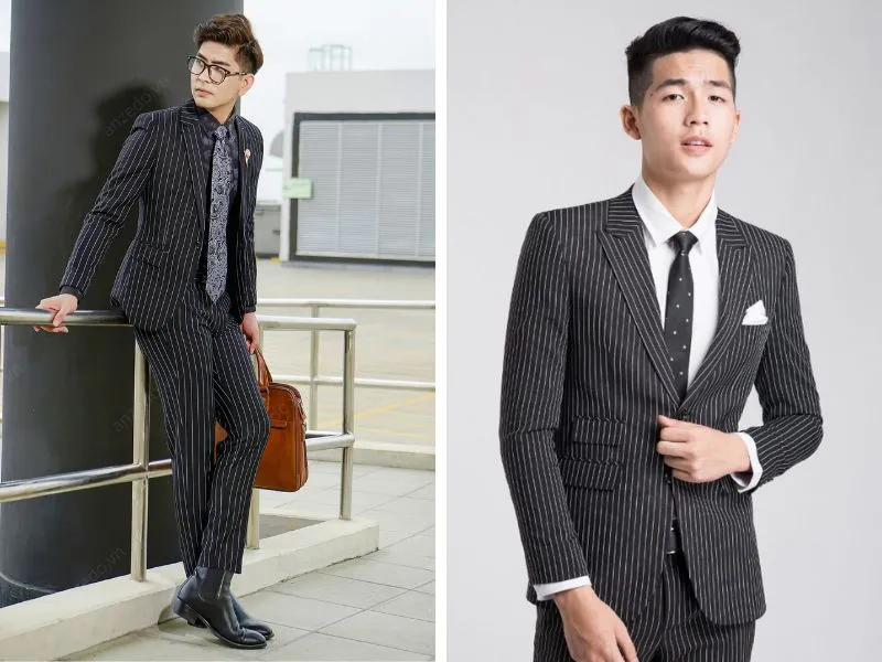Áo vest chú rể màu đen sọc trắng