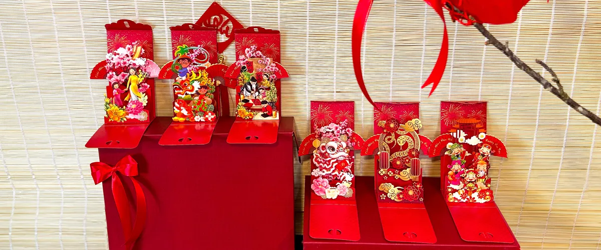 Những chiếc bao lì xì 3D popup cao cấp với màu sắc rực rỡ chúc mừng Tết Việt Nam