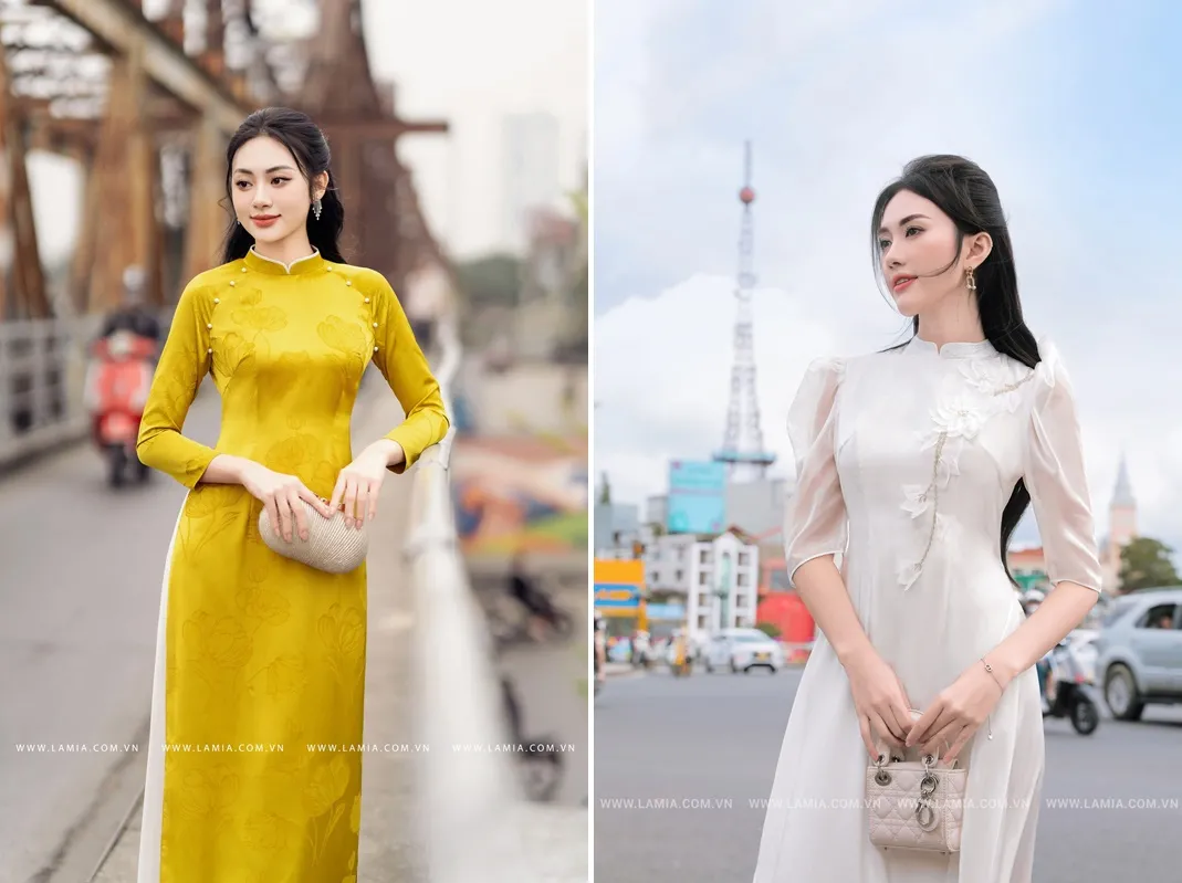 Tạo dáng chắp tay trước khi mặc áo dài