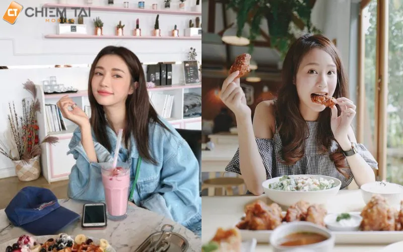 Cô gái tạo dáng vui vẻ khi ăn uống