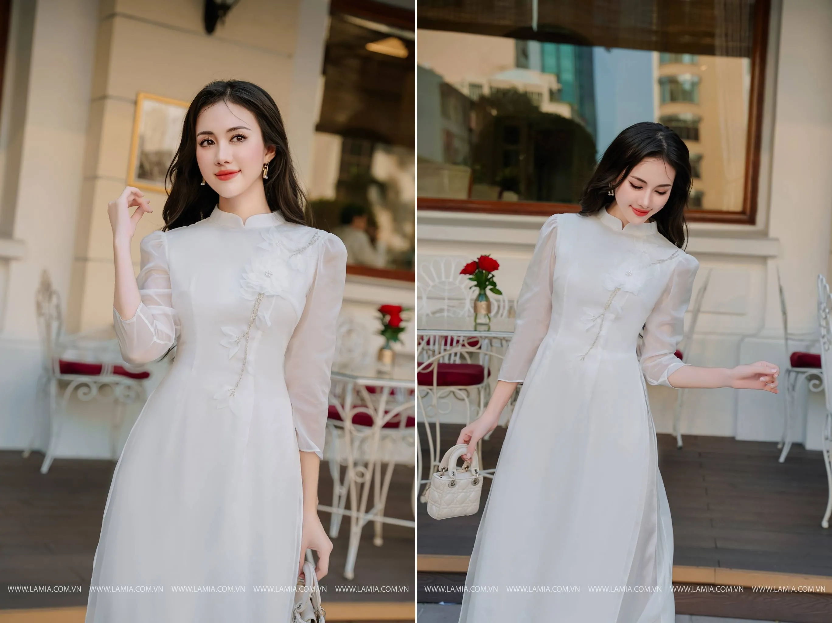 Chụp ảnh áo dài trắng có thể dùng thêm phụ kiện như hoa hoặc nón