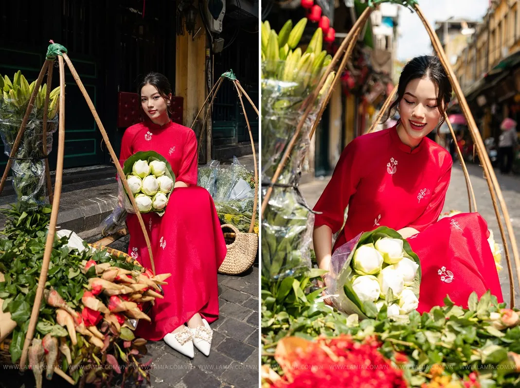 Tạo dáng với áo dài và hoa