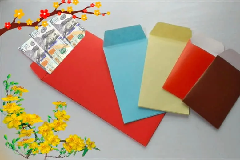 Thành phẩm bao lì xì làm từ giấy A4 sau khi đã trang trí