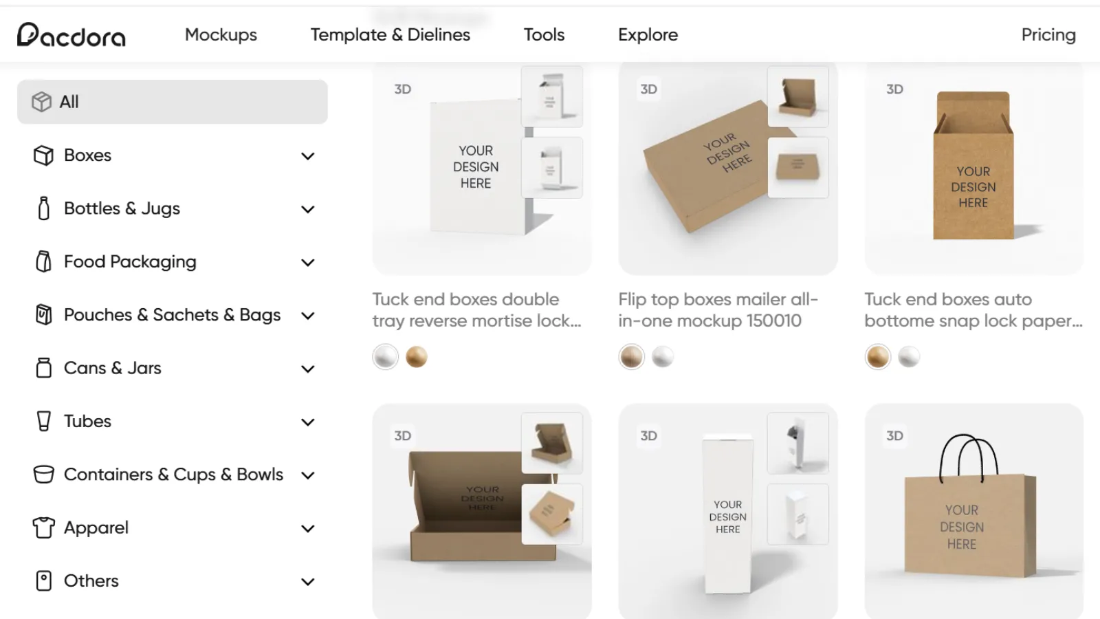 Giao diện website Pacdora với các tùy chọn mockup bao bì 3D