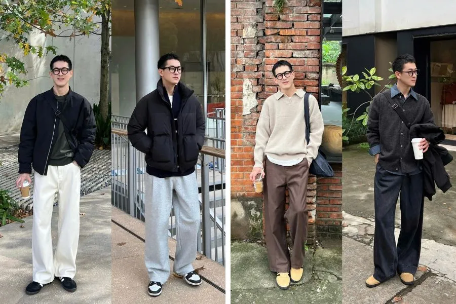 Tư thế đứng đơn giản tay đút túi quần cạnh bức tường gạch
