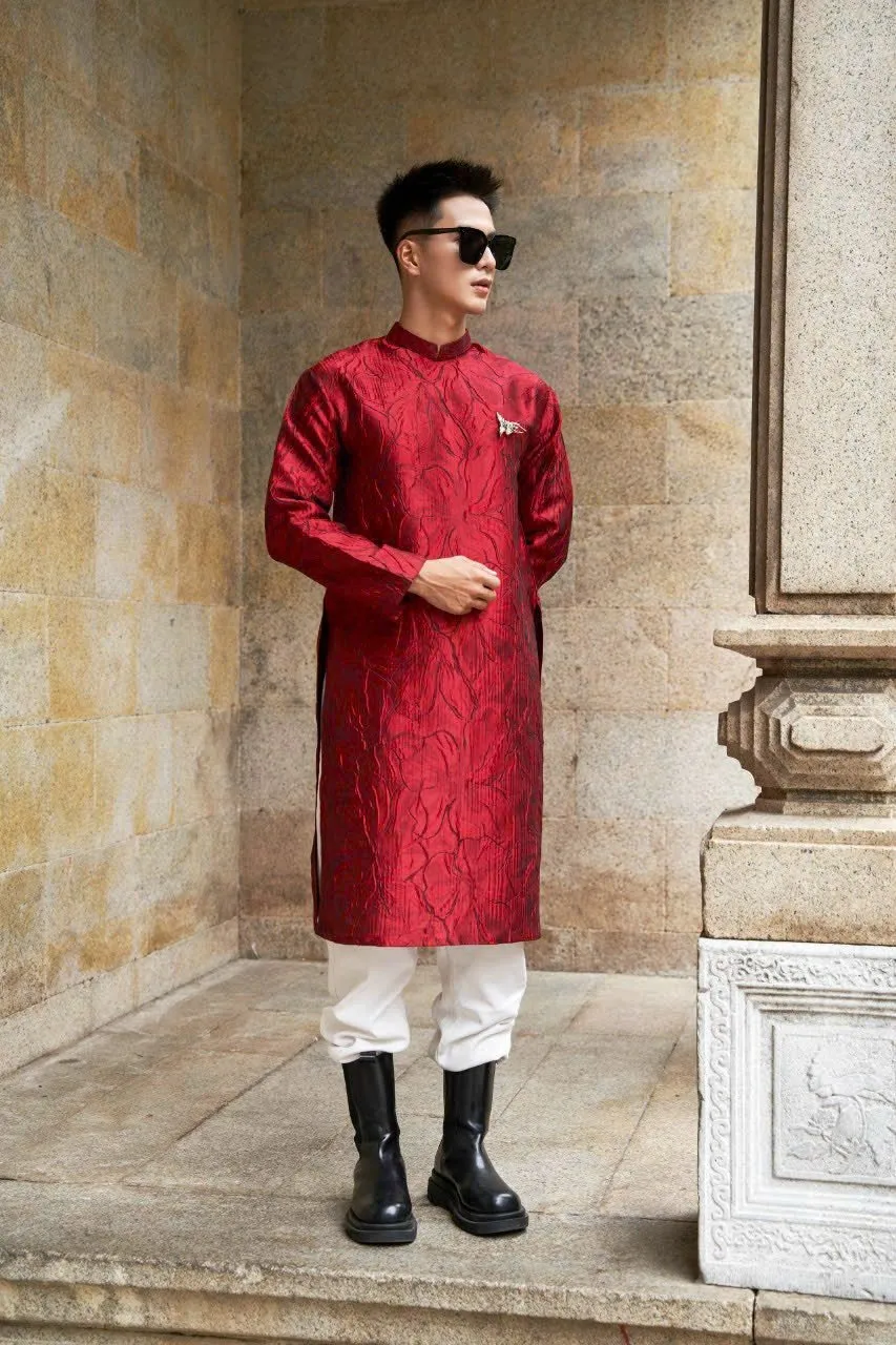 Áo dài nam đỏ thêu rồng phượng ngày cưới